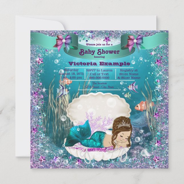 Convite Chá de fraldas da Mermaid Princess Girl (Frente)