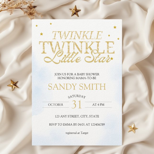 Convite Chá de fraldas da Pequena Estrela Torre (Twinkle Twinkle Little Star Baby Shower Invitation Celestial Star Moons Gold)
