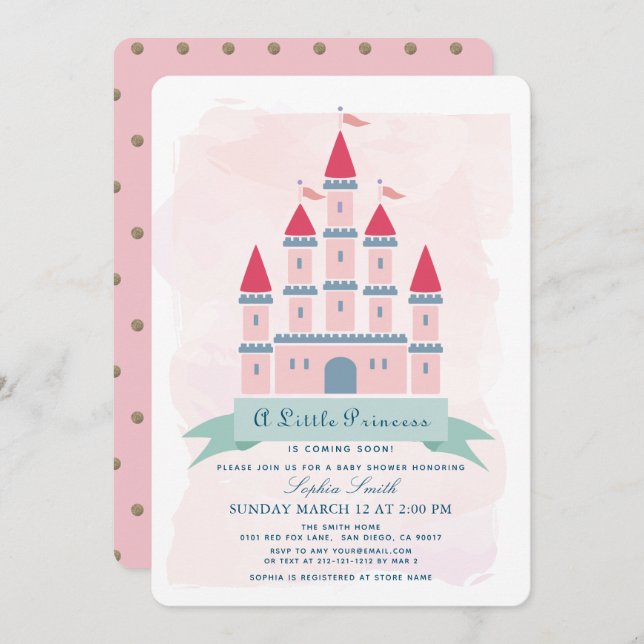 Convite Chá de fraldas da Princesa do Castelo Rosa (Frente/Verso)