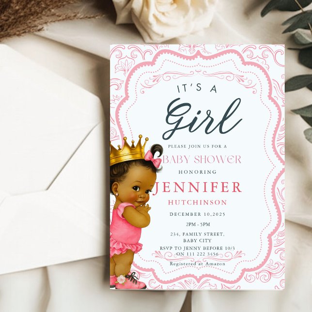 Convite Chá de fraldas da Princesa Namorada Africana (African American Baby Girl Princess Baby Shower Invitation)