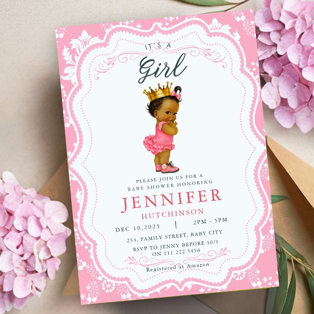 Convite Chá de fraldas da Princesa Namorada Africana (African American Baby Girl Princess Baby Shower Invitation)