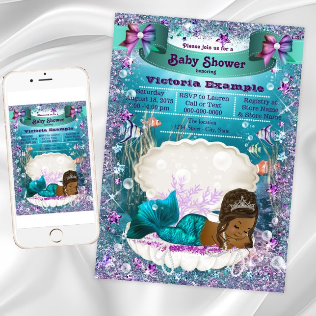 Convite Chá de fraldas da Princesa Sereia Afro-Americana (African American Mermaid Princess Baby Shower Invitation. Instant download & printed invitations.)