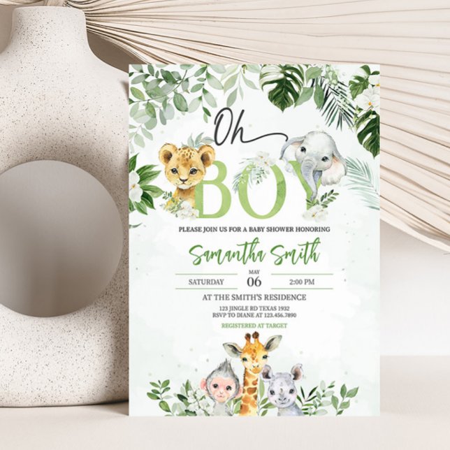 Convite Chá de fraldas da selva (Boy Safari Animals Baby Shower Invitation)