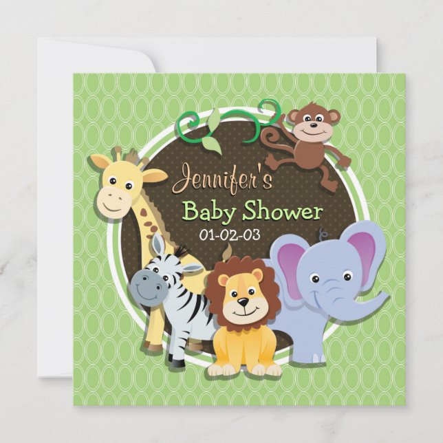 Convite Chá de fraldas da selva branca; ovais verdes brilh (Frente)