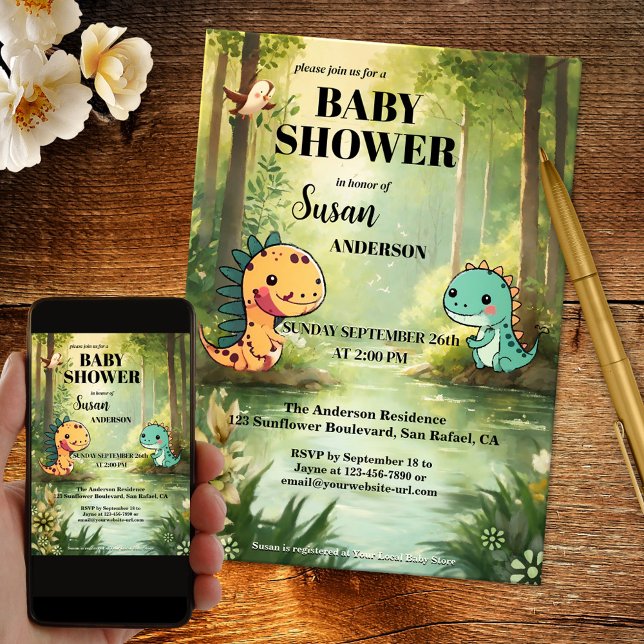 Convite Chá de fraldas da Selva do Dragão Whimsical (A cute whimsical baby shower invitation showing a painting of dragons in a jungle at the waterfront)