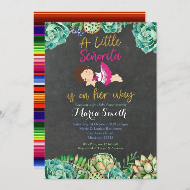 Convite Chá de fraldas da Senhorita Green Cactus Fiesta Ba (Frente/Verso)