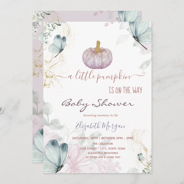 Convite Chá de fraldas das Borboletas Azuis da Pumpkin (Frente/Verso)