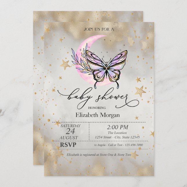 Convite Chá de fraldas das Estrelas Celestiais da Lua da B (Frente/Verso)