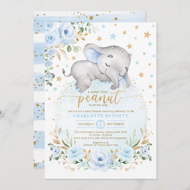 Convite Chá de fraldas das Estrelas da Lua Dourada Azul (Frente/Verso)