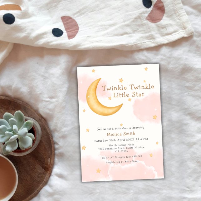 Convite Chá de fraldas das Estrelas da Lua Twinkle (Twinkle Twinkle Moon Stars Girl Baby Shower Invitation)