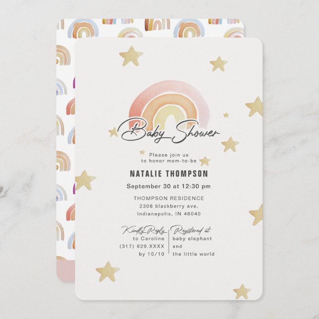 Convite Chá de fraldas das Estrelas do Arco-Íris Rosa (Frente/Verso)