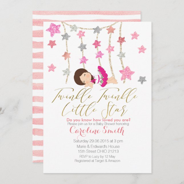 Convite Chá de fraldas das Estrelas Rosa (Frente/Verso)