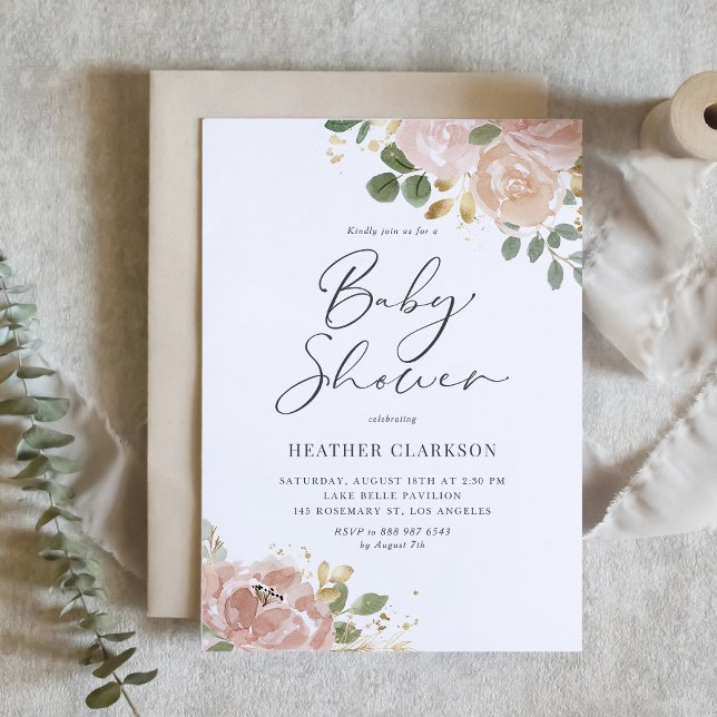 Convite Chá de fraldas das Flores de Pêssego Mauve Boho Wa (Elegant Baby Shower Invitation with Watercolor Mauve Peach Flowers and Faux Gold Foil Accents)