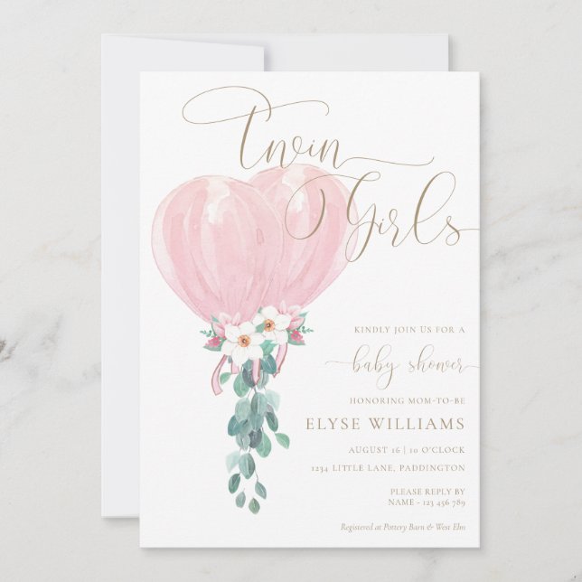 Convite Chá de fraldas das Garotas Gêmeas do Balão Rosa (Frente)