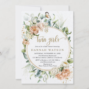 Convite Chá de fraldas das Garotas Gêmeas Eucalyptus Rosa-