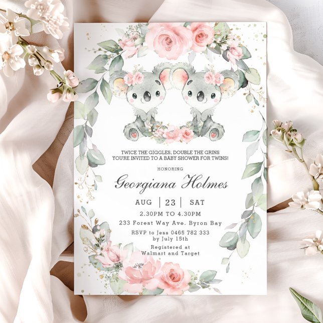 Convite Chá de fraldas das Garotas Gêmeas Florais Rosa-Ros (twins girls koala bears blush pink floral sage greenery wreath baby shower invitation cards digital)