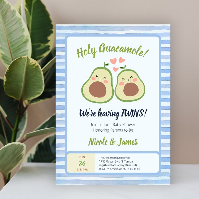 Convite Chá de fraldas das gêmeas neutras do gênero Avocad (Cute Avocado Gender Neutral Twins Baby Shower Invitation)
