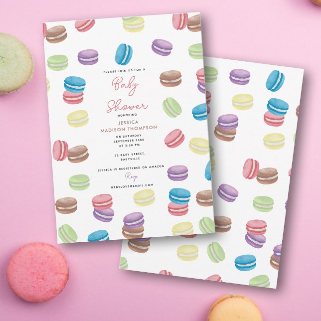 Convite Chá de fraldas das Macarões Francesas Pastel Water (Pastel Watercolor French Macarons Baby Shower Invitation)