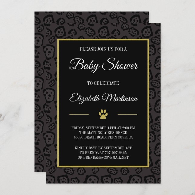 Convite Chá de fraldas das manchas de Jaguar preto elegant (Frente/Verso)