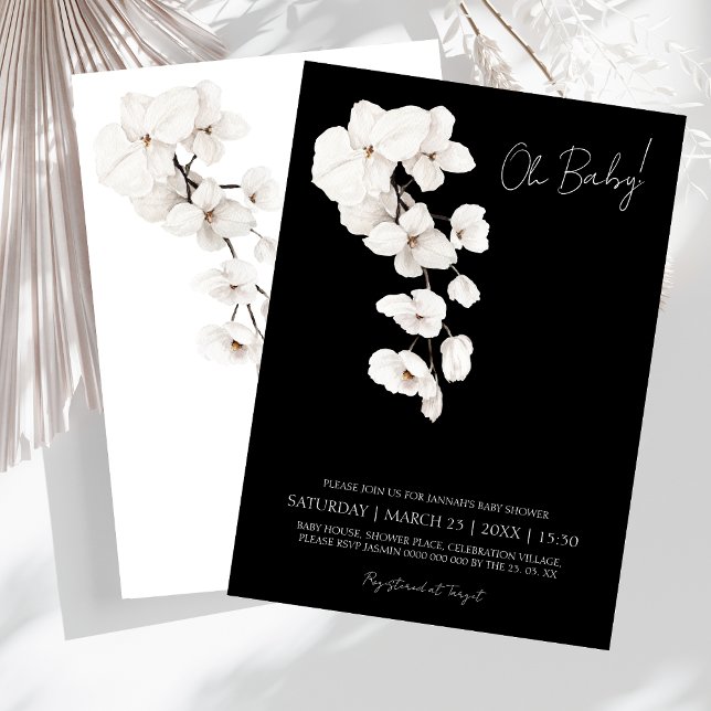 Convite Chá de fraldas das Orquídeas Negras e Brancas (Oh Baby! Modern Black and White Orchids Flowers Baby Shower Invitation)