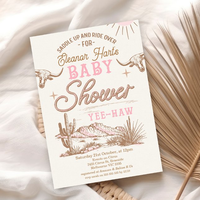 Convite Chá de fraldas das raparigas ocidentais ocidentais (Editable Cowgirl Baby Shower Invitation Vintage  Little Cowgirl Wild West Invite Rodeo Desert)