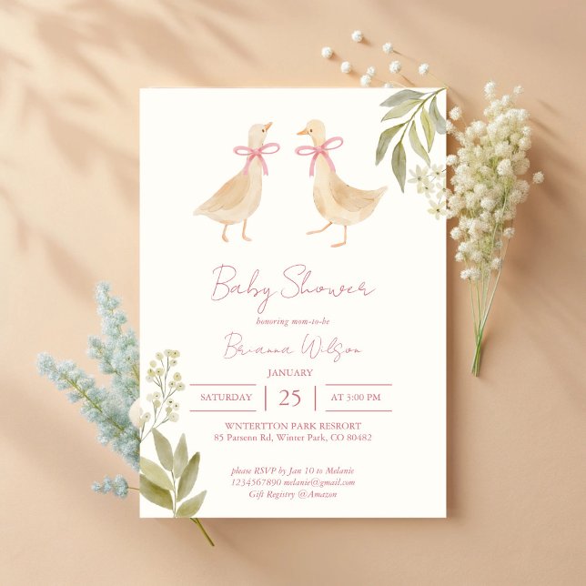 Convite Chá de fraldas das rimas de creche de ganso rosa (Pink Goose nursery rhymes twins baby shower Invitation cards template)