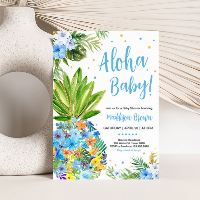 Convite Chá de fraldas de abacaxi azul (Blue Gold Pineapple Baby Shower Invitation)