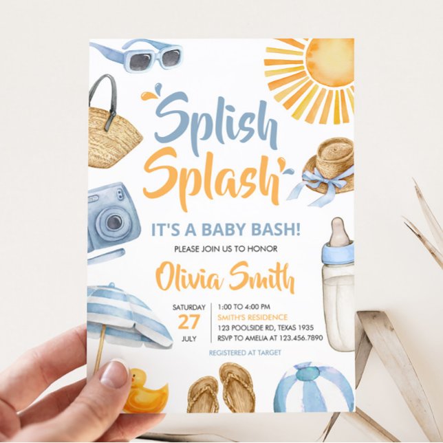 Convite Chá de fraldas de abertura azul (Boy Summer Beach Baby Shower Invitation)
