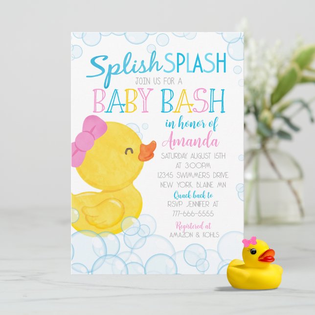 Convite Chá de fraldas de abertura do pato de borracha (Girl Rubber Duck Baby Shower Invitations. Available Printed with Envelopes or Digital Download)