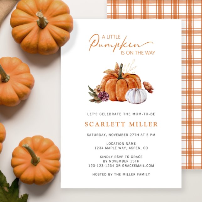 Convite Chá de fraldas de Abóbora (A Little Pumpkin Is On The Way Baby Shower Invitation Fall Autumn Watercolor Floral)