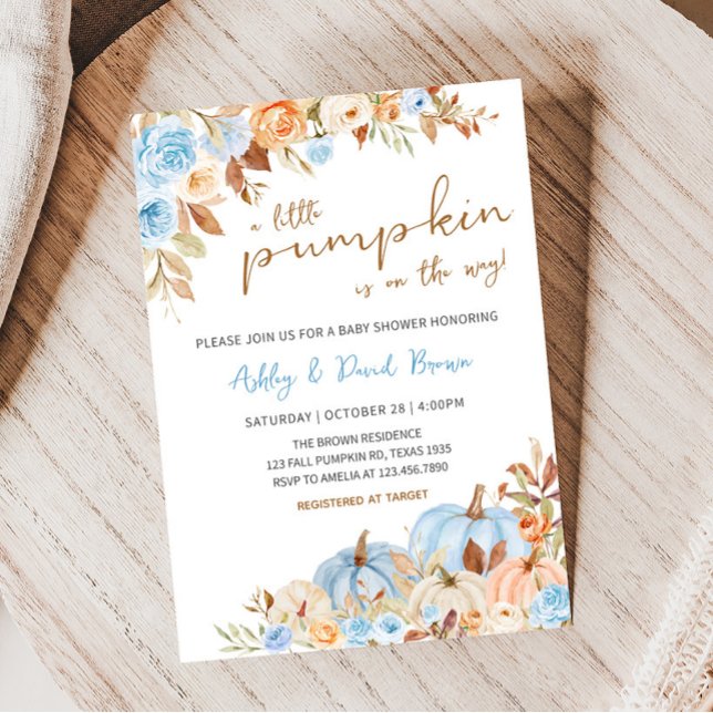 Convite Chá de fraldas de Abóbora Azul (Blue Fall Floral Baby Shower Invitation)