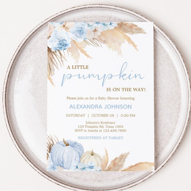 Convite Chá de fraldas de Abóbora Azul (Blue Little Pumpkin Baby Shower Invitation)