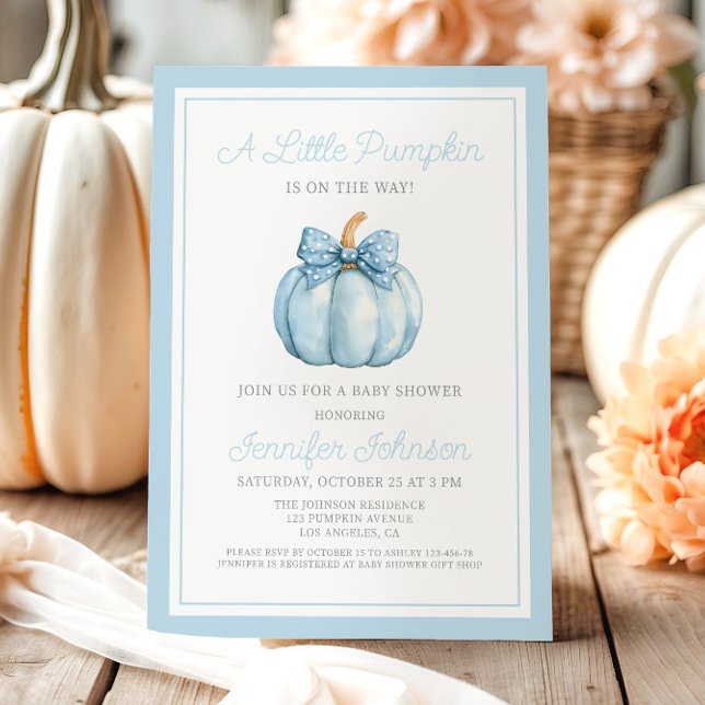 Convite Chá de fraldas de abóbora azul (Cute Blue Little Pumpkin Boy Baby Shower Invitation)