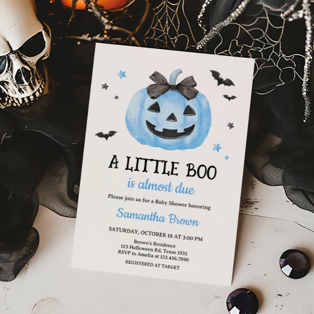 Convite Chá de fraldas de Abóbora Azul (Blue Little Boo Spooky Pumpkin Baby Shower Invitation )