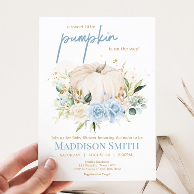 Convite Chá de fraldas de abóbora azul-doce (Sweet Floral Little Pumpkin Baby Shower Invitation
)