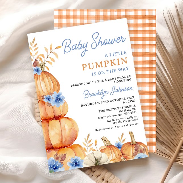 Convite Chá de fraldas de abóbora azul-russo (Boys Little Pumpkin Baby Shower Invitation, Blue Floral Pumpkin Themed Fall Baby Shower, Autumn)