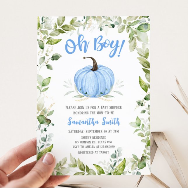 Convite Chá de fraldas de abóbora azul verde (Oh Boy Pumpkin Baby Shower Invitation)