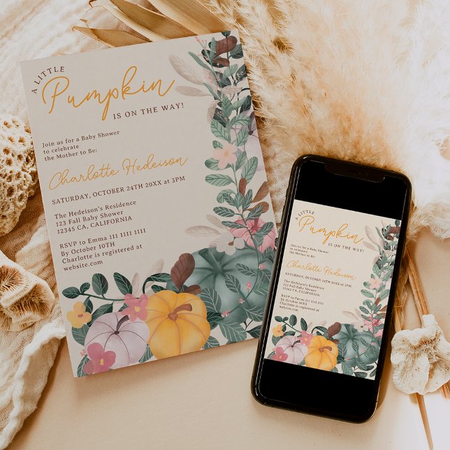 Convite Chá de fraldas de abóbora-chic (Fall wreath chic little pumpkin baby shower invitation)