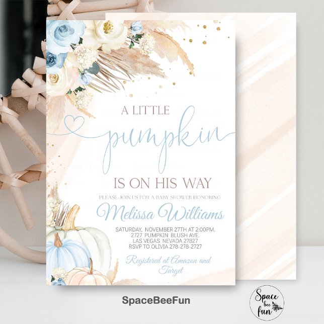 Convite Chá de fraldas de Abóbora Convidando Garoto Boho P (Pumpkin Baby Shower Invitation Girl, Boho Pampas Little Pumpkin Shower Invites, Fall Autumn )