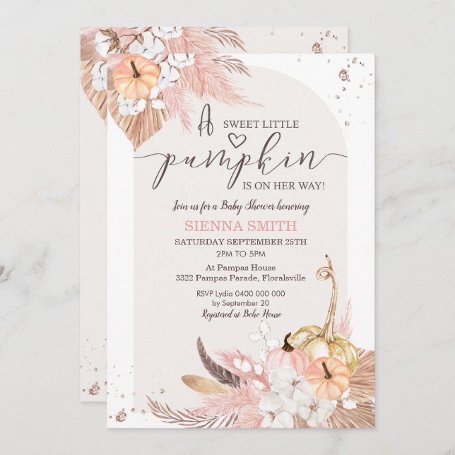 Convite Chá de fraldas de Abóbora Convocando Garota Boho (Frente/Verso)