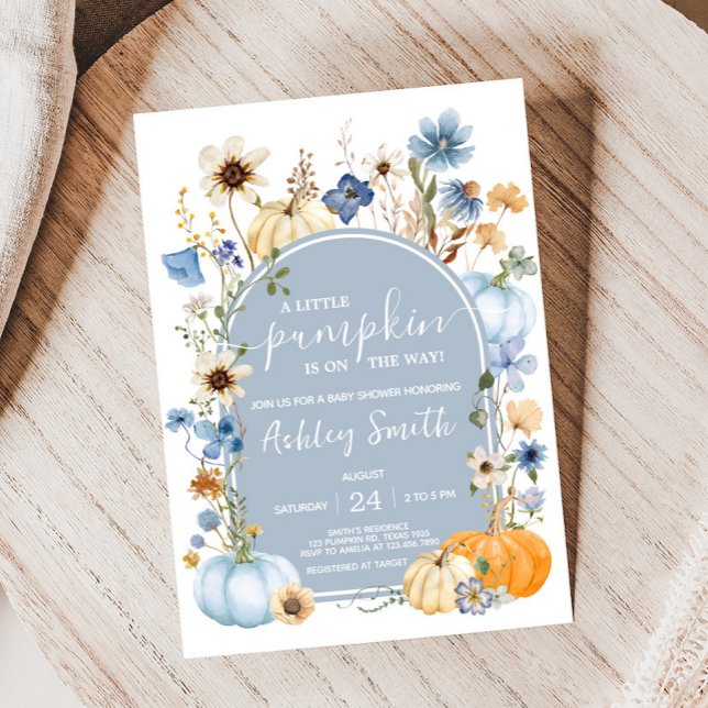 Convite Chá de fraldas de abóbora de flor selvagem azul (Wildflower Pumpkin Baby Shower Invitation
)