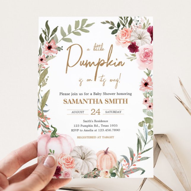 Convite Chá de fraldas de Abóbora de Flores de Outono (Autumn Little Pumpkin Baby Shower Invitation)