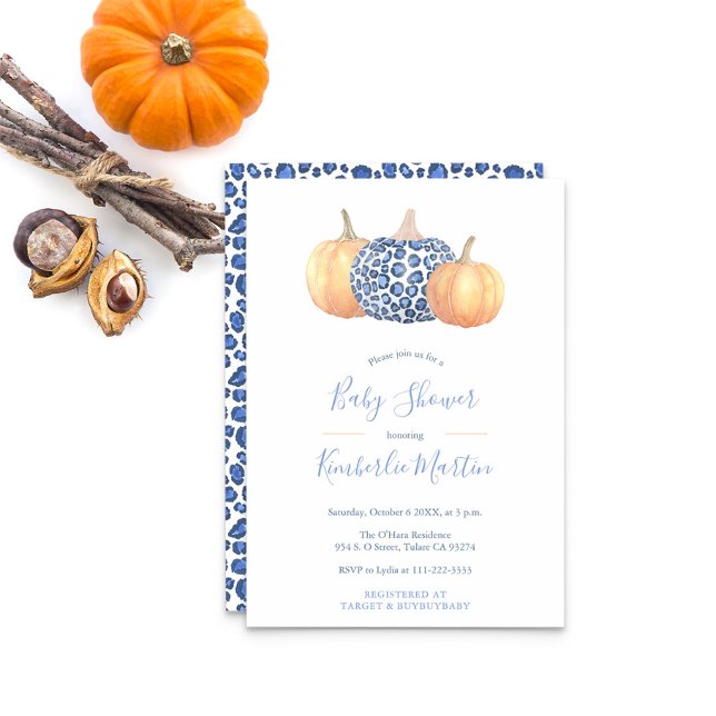 Convite Chá de fraldas De Abóbora De Impressão De Leopardo (Blue And White Leopard Print Pumpkins And Orange Pumpkins Baby Shower Party Invitation)