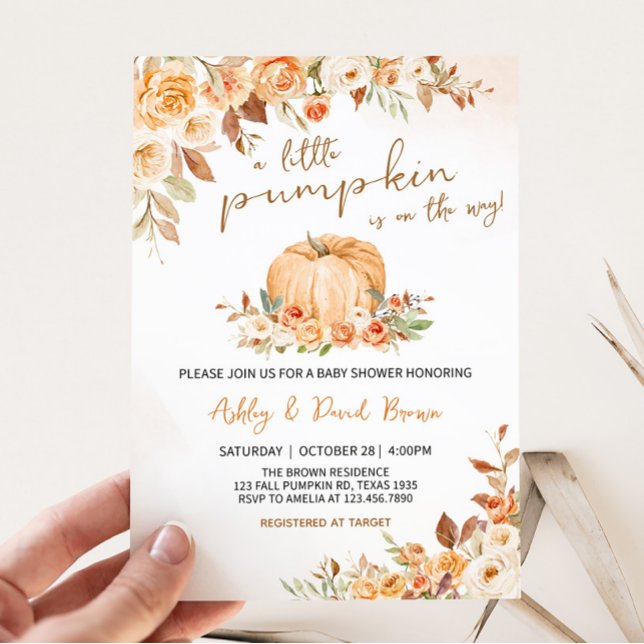 Convite Chá de fraldas de Abóbora Floral (Orange Pumpkin Baby Shower Invitation)