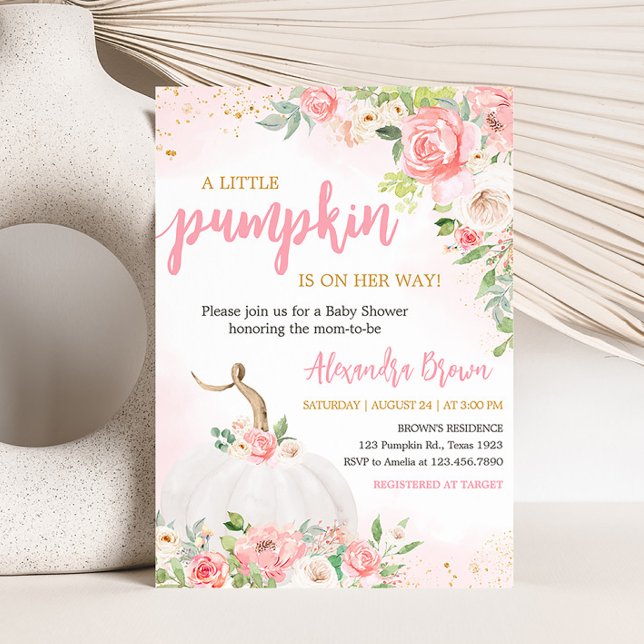 Convite Chá de fraldas de Abóbora Floral (Pink Pumpkin Baby Shower Invitation)
