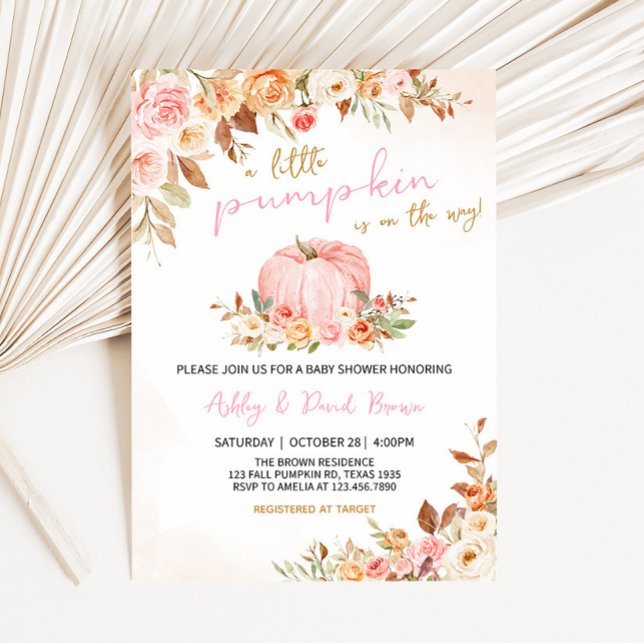 Convite Chá de fraldas de abóbora Floral a Queda Rosa (Girl Autumn Baby Shower Invitation)