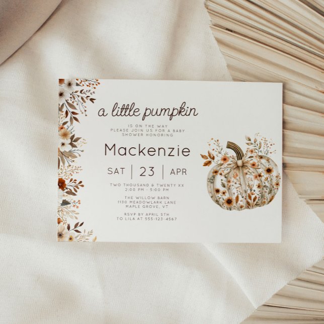 Convite Chá de fraldas de Abóbora Floral Coquette (Cozy in Bloom A Little Pumpkin Horizontal Baby Shower invitation )