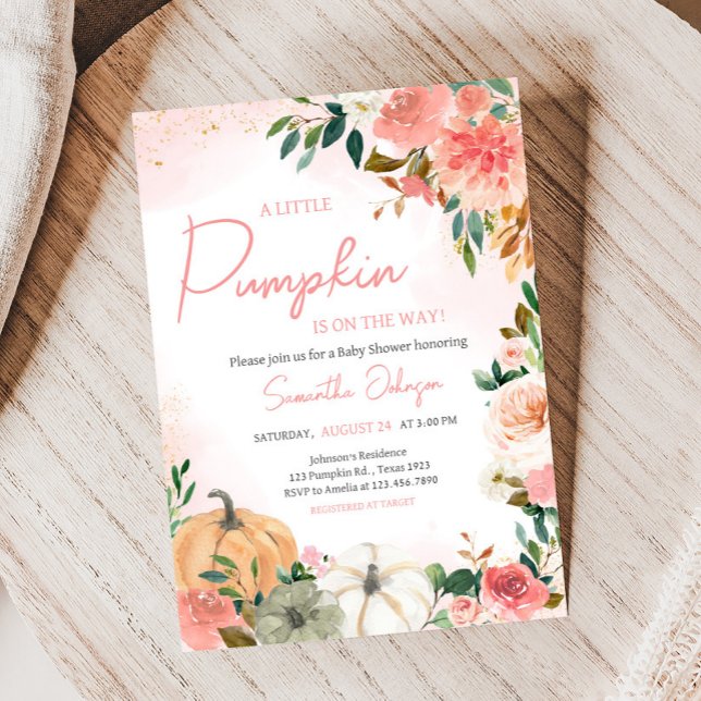 Convite Chá de fraldas de Abóbora Floral de outono Rosa (Autumn Floral Pumpkin Baby Shower Invitation)
