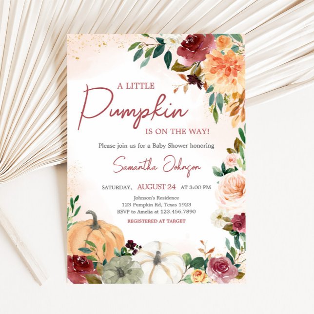 Convite Chá de fraldas de Abóbora Floral de Queda Burgundy (Fall Floral Pumpkin Baby Shower Invitation)