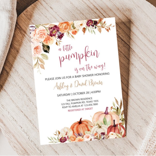 Convite Chá de fraldas de Abóbora Floral Floral (Burgundy Fall Baby Shower Invitation)